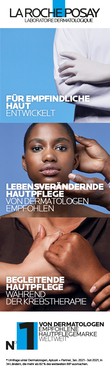 La Roche-Posay. Text: Für empfindliche Haut entwickelt. Von Dermatologen empfohlen. Hautpflege.